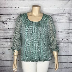 Roz & Ali Size XL Green & Black Printed Keyhole Bubble Hemline Peasant Blouse